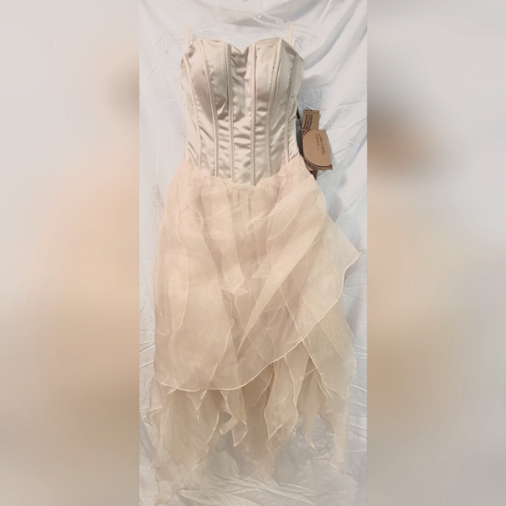 Strapless Assymetrical Gown with Bodice and Tulle in Champagne, Small